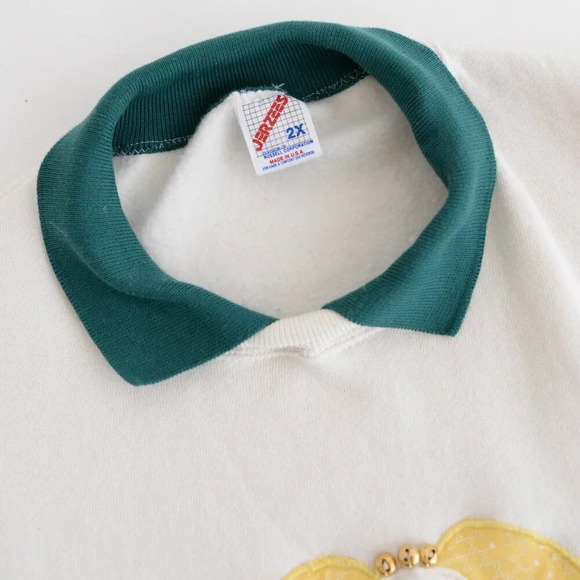 Vintage Jerzees Cream Angel Embroidered Green Collared  Crewneck Sweater 2X - Picture 10 of 11